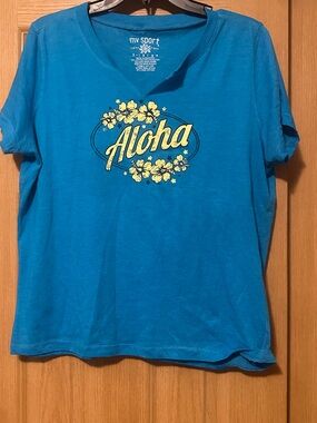 MV Sport Blue Aloha Short Sleeve Tee with Yellow Floral Print